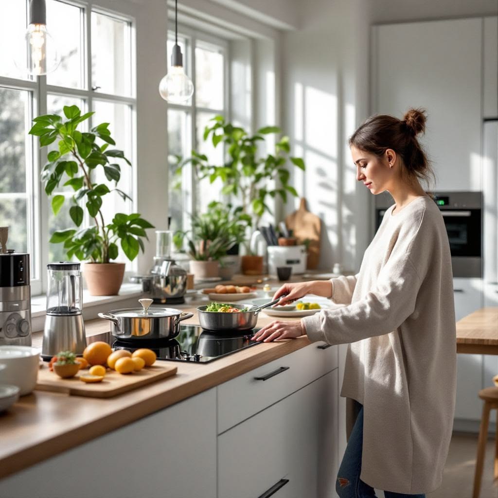 Stylized illustration of a bright kitchen workspace with fresh ingredients arranged on a counter